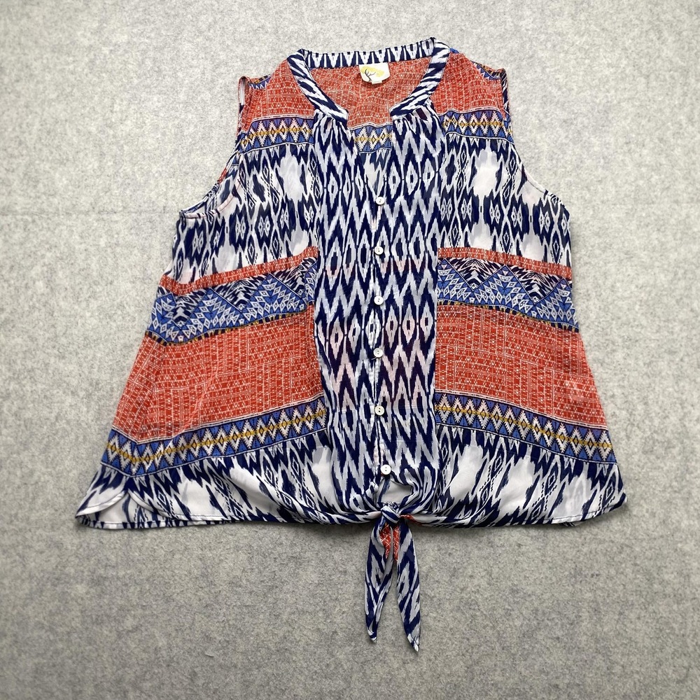 Fig and Flower Blouse Womens L Multicolor Geometric Tie Front Sleeveless Top